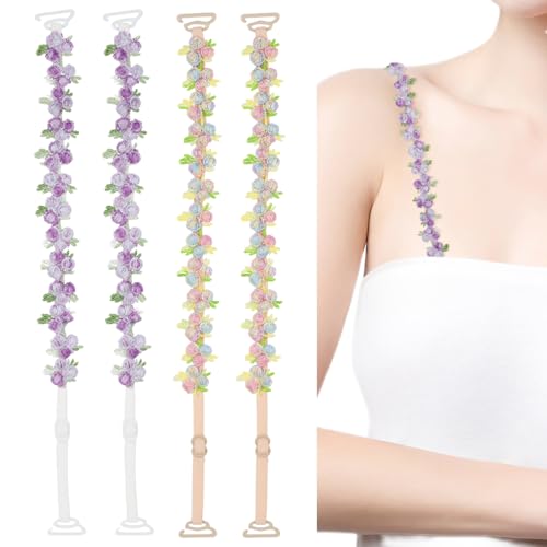 PALAY® Bra Straps for Women Fancy Straps for Bra, 2 Pairs Embroidered Floral Stretchy Adjustable Lingerie Strap Replacement For Off Shoulder Tops Dress Evening Dress