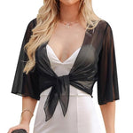 PALAY® Shrugs for Women Stylish Summer Cropped Cardigan, Western Party Chiffon Front Tie Beach Wear Cover Up Black Shrug for Women Dress (Size L, Middle Sleeves)