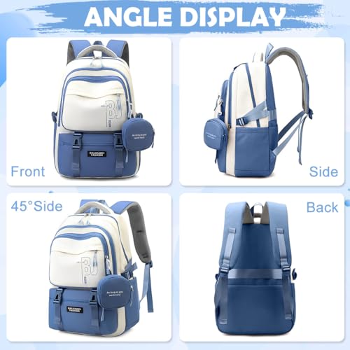 PALAY® Girls Backpack School with Small Zipper Pouch Fashion Blue Nylon Padded Shoulder Straps Handle Design Multi Compartment Large Camping Travel 2 PCS