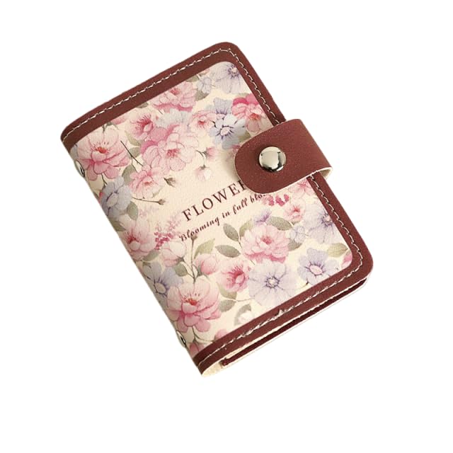 PALAY® Card Holder Brown PU Leather Credit Card Holder with 20 Transparent Card Pockets Painting Floral Printed Mini Wallet Mother's Day Birthday Gift for Women