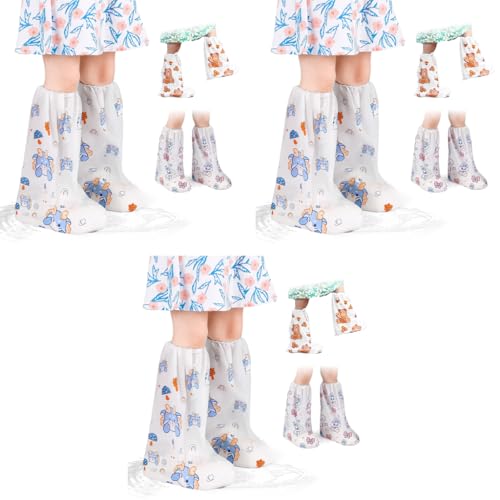 PALAY® Rain Shoe Covers for Kids 3 Pairs Slip-On with Elastic Collar Knee-Length Fashion Cartoon Wear-Resistant for 5-12 Years Old 3PCS