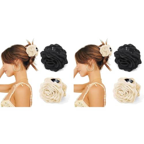 PALAY® 4PCS Rose Hair Claw Clips for Women Aesthetic Large 3.5 In Clutchers Blooming Flower Clip Hawaiian Fashion Black White