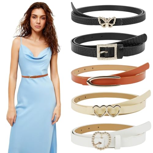 PALAY® Brown Belt for Women Jeans, 5pcs Black Belt for Women Dresses, Fashion Slim Ladies Belts Combo, Versatile PU Leather White Belts, Metal Decorative Buckle
