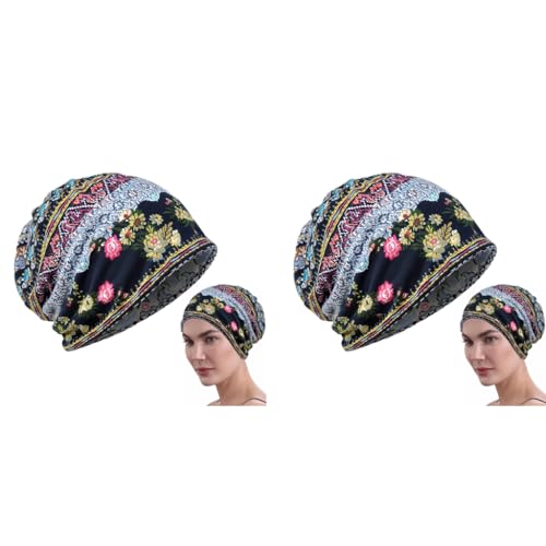 PALAY® Beanie Cap for Women Floral Print Chemo Slouchy Hijab Turban Fashion Hip-Hop Skull Dwarf Hat Boho Soft Running Head Scarf for Teen Girls All Season Use 2 PCS Blue