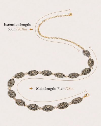 PALAY® Boho Waist Belt for Women Golden Concho Belt Saree Waist Belt Metal Concho Belt Western Fashion Conchos Adjustable Concho Belt, 29.53 inches +19.69 inches 2 PCS