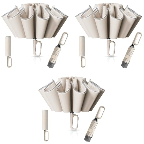 PALAY® Large Umbrella with Reflective Strip Auto 3-Fold Compact Travel Carabiner Handle Reinforced 10 Dual Ribs Sun Protection 99 UV Rain Windproof for Men Women Beige 3Pack
