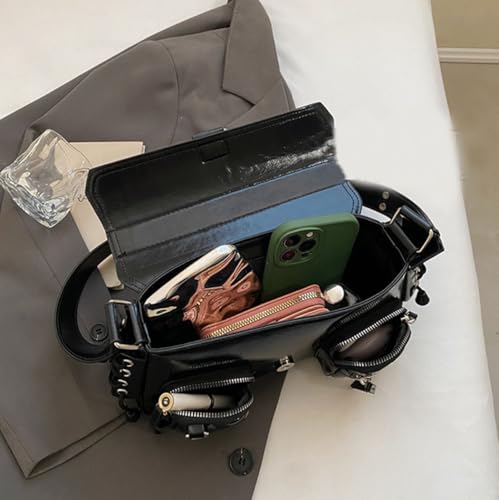 PALAY® Shoulder Bag for Women Black PU Hobo Fashion Dainty Casual Hand Chic Punk Multipocket Zip-up Evening Bag 27x7x16cm 2PCS