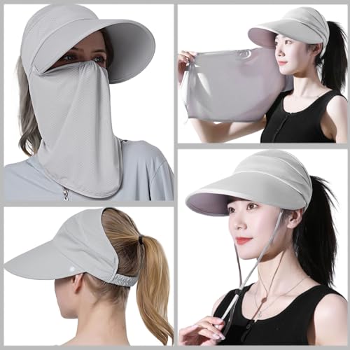 PALAY® Sun Hat for Women with Detachable Face Cover Wide Brim Hats UV Protection Breathable Outdoor Summer Visor Cap Bike Fishing Cycling 2PCS