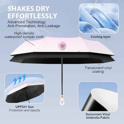 PALAY® Compact Umbrella for Sun Rain Protection Auto Open Close Travel Folding with Flower Charm Strap Black Tape UV 8 Dual Ribs Anti-Slip Rubber Handle Outdoor Commute 2 PCS
