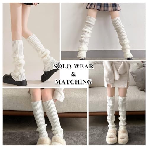 PALAY® Leg Warmers for Women, Knee-high Winter Socks for Women, Leg Warmer y2k 27.5in Long Knit White Cotton Stocking for Girls Teens (All Season Use)
