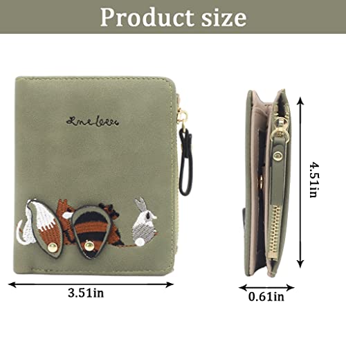 PALAY® Leather Wallets for Women Stylish Cute Mini Animals Embroidery Short Card Holder Billfold Purse Gift Girls Green 3 PCS