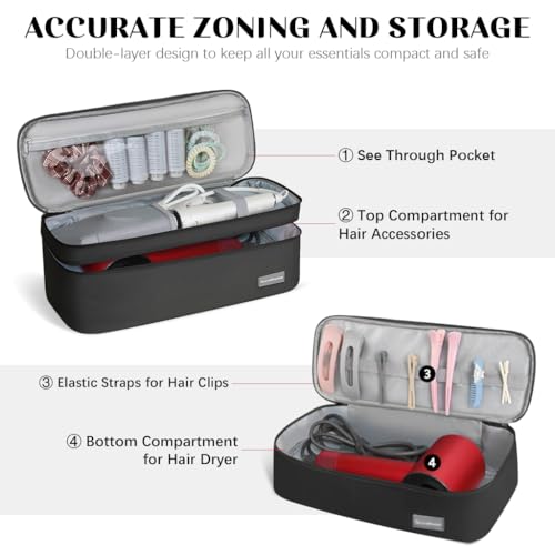 PALAY® Estuche de viaje para secador de pelo Dyson Airwrap, Shark Flexstyle, doble capa, accesorios para el cabello, bolsa de almacenamiento para secador Revlon, organizador de estilo, color Negro