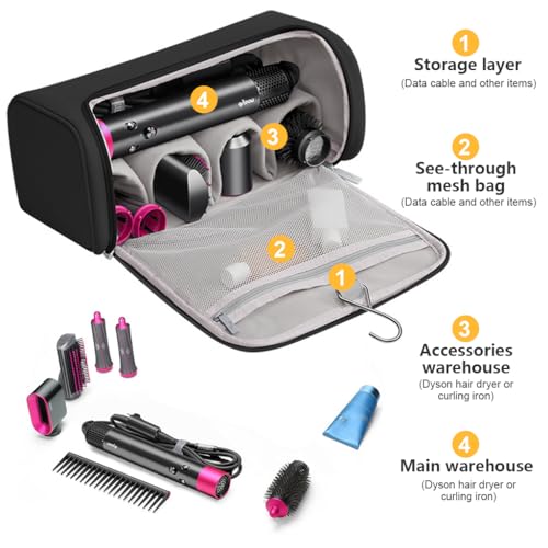MAYCREATE® Estuche de Viaje para Dyson, Bolsa de Almacenamiento de Air Wrap, Impermeable de PU Mejorada, Organizador de Shark Flexstyle, Funda de Almacenamiento Portátil con Gancho para Colgar (Negro)