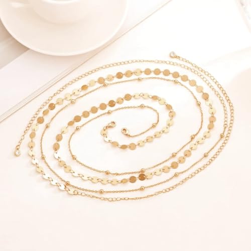 PALAY® Waist Chain for Women Sexy, Set of 2pcs Sequin Gold Plated Belly Waist Chains for Women, 2-Layered Beads Coin Chain Dainty Body Jewelry, Bikini Beach Wear - 39in Long, Adjustable