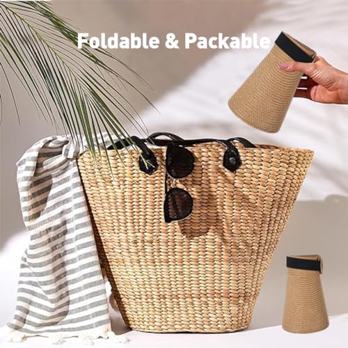 PALAY® Womens Sun Visor Hat Straw for Summer Packable Ponytail Beach Hats Travel UPF 50 Khaki 3 PCS