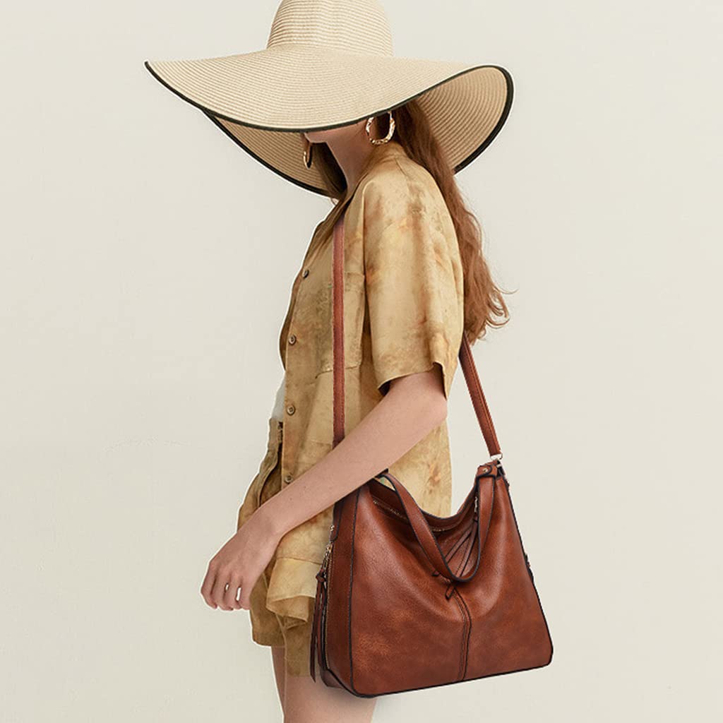 PALAY® Brown Faux Leather Tote Handbag for Women Fashion with Classic Shoulder Crossbody for Lady & Girl Solid Color