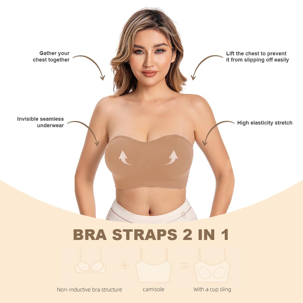 PALAY® Strapless Bra for Women Padded Non-strap Bra for Heavy Breast Off-Shoulder Bra Removable Breast Pads Design Non-slip Bra Casual Strapless Bra, L