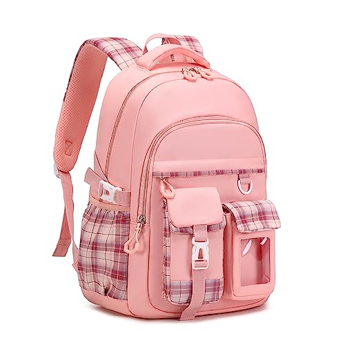 PALAY® School Backpack for Girls Pink Plaid Schoolgirls Backpack Book Bag Multi Compartment Waterpoof School Backpack Lightweight Travel Backpack School Gift Birthday Gift for Girls, 46x30x17cm