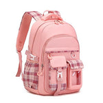 PALAY® School Backpack for Girls Pink Plaid Schoolgirls Backpack Book Bag Multi Compartment Waterpoof School Backpack Lightweight Travel Backpack School Gift Birthday Gift for Girls, 46x30x17cm