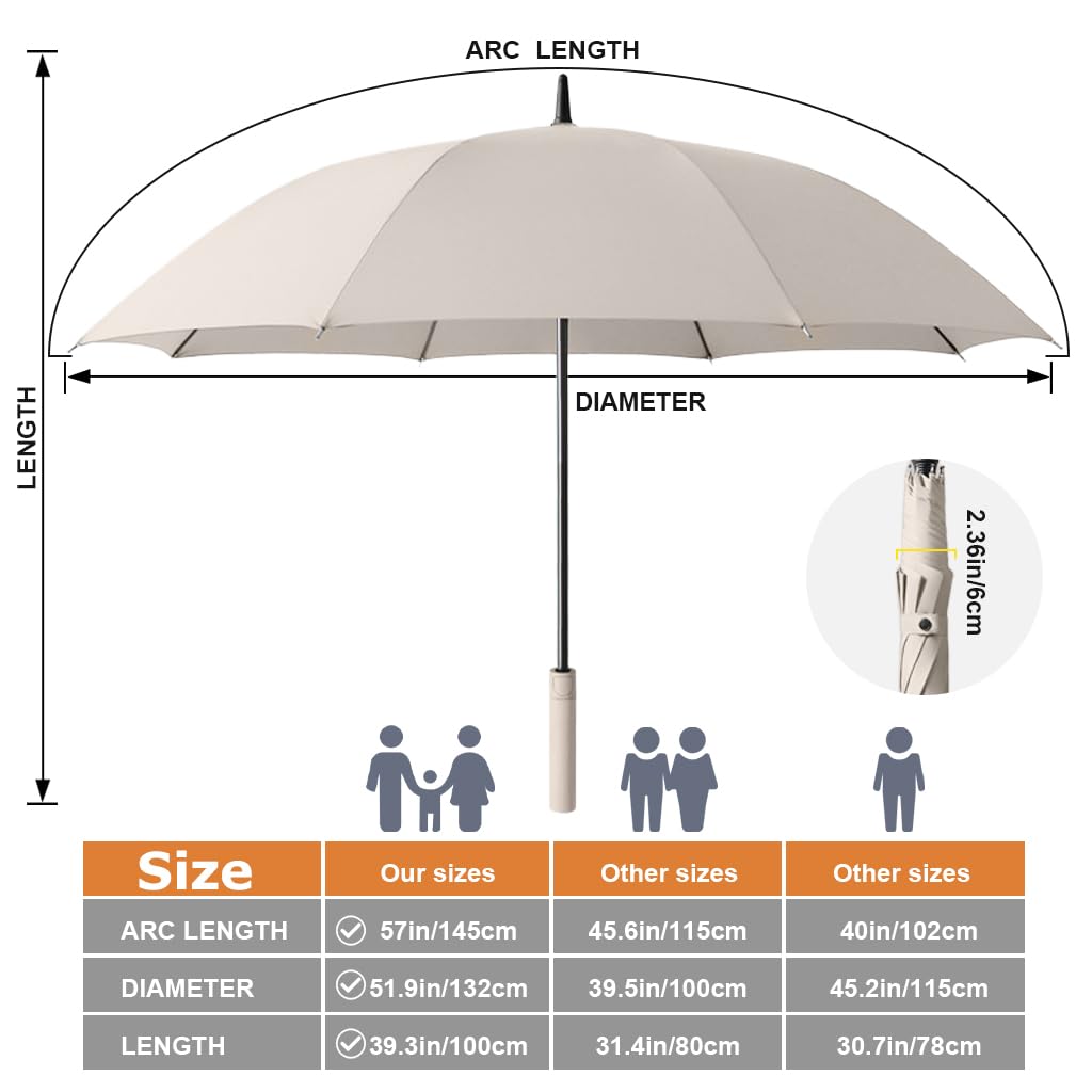 PALAY Big Umbrella for Men with 132cm Canopy and Auto One Touch Open | Windproof Beige