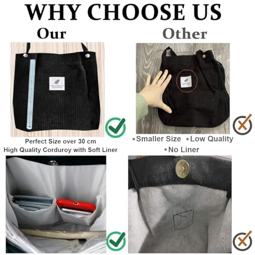 PALAY® Tote Bag Corduroy Grocery Large Hand For Women Shopping Shoulder Commuting Black 3PCS