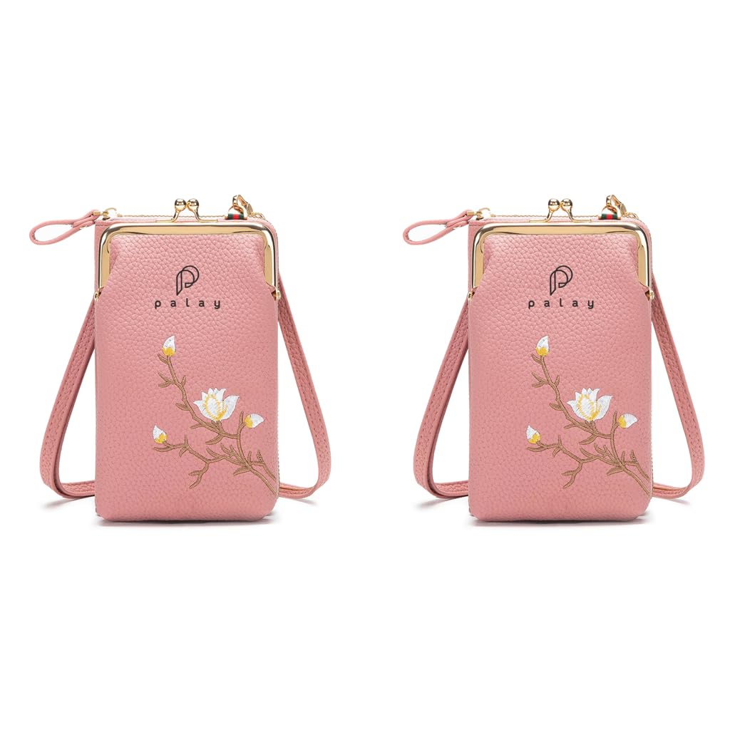 PALAY Small Crossbody Phone Bag for Women with 6 Card Slots and Smooth Zipper | Pink PU Leather 2 PCS Set