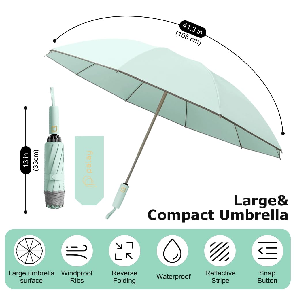 PALAY Auto Folding Umbrella for Travel featuring 50in Canopy and 10 Dual Ribs | Mint Green