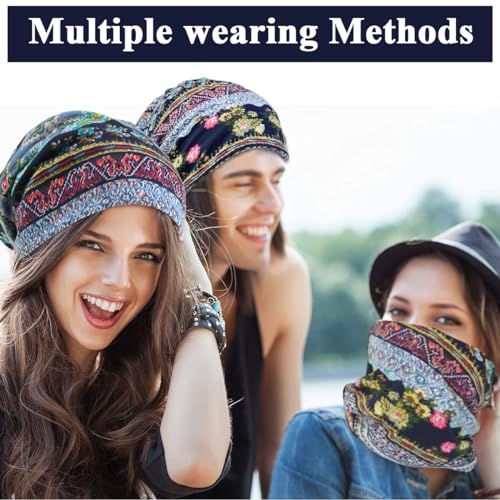 PALAY® Beanie Cap for Women Floral Print Chemo Slouchy Hijab Turban Fashion Hip-Hop Skull Dwarf Hats Boho Soft Running Head Scarves Teen Girls All Season Use 3 PCS Blue
