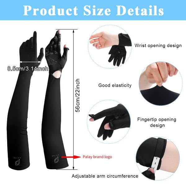 PALAY UV Protection Arm Sleeves for Driving and Cycling with Non Slip Palm & Touch Screen | 22.2 in Long Nylon Ice Silk Design for Women