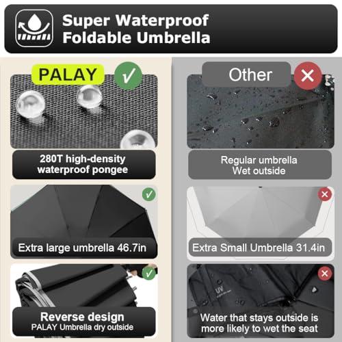 PALAY® 50 Inch Large Umbrella with Reflective Strip Auto 3-Fold Compact Travel Carabiner Handle Reinforced 10 Dual Ribs Sun Protection 99 UV Rain Windproof for Men Women Black 3PCS