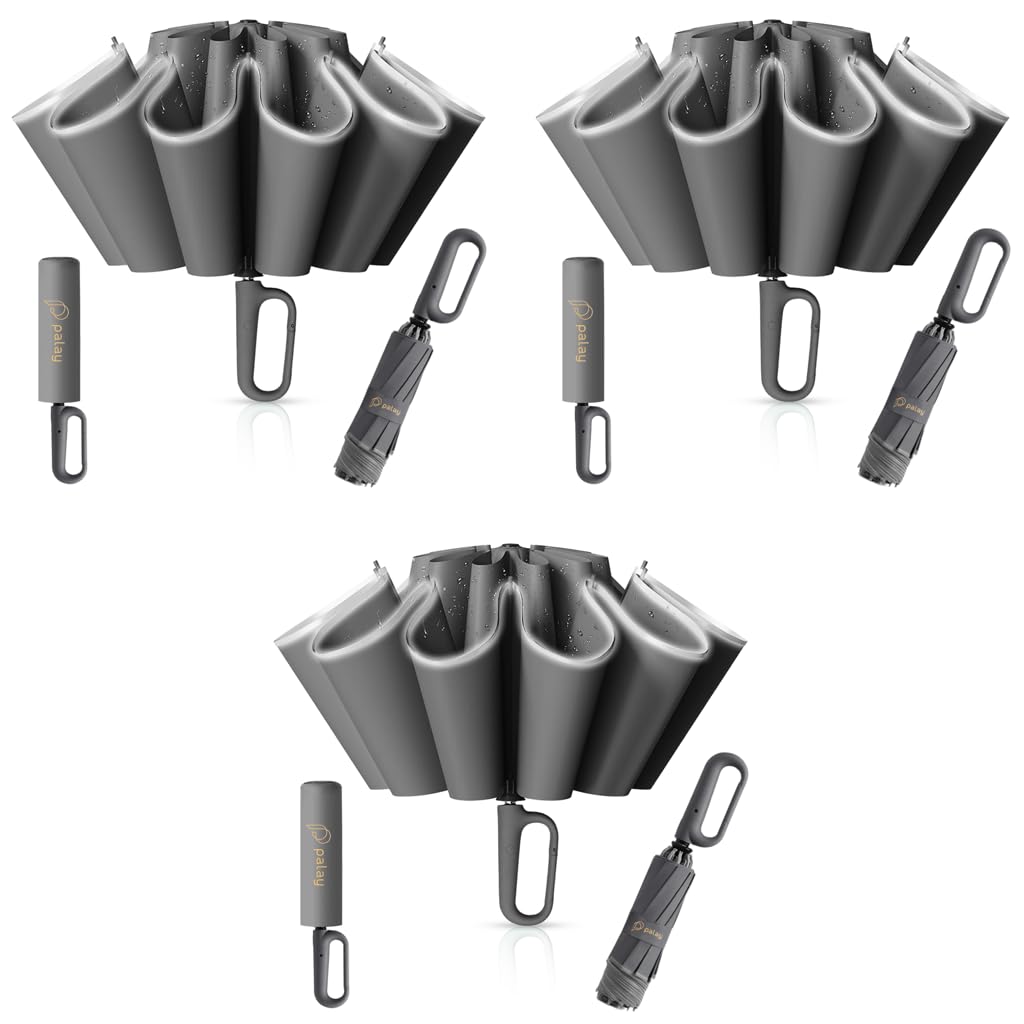 PALAY Umbrella with Reflective Strip and Auto 3 Fold Design featuring 10 Dual Ribs | Grey