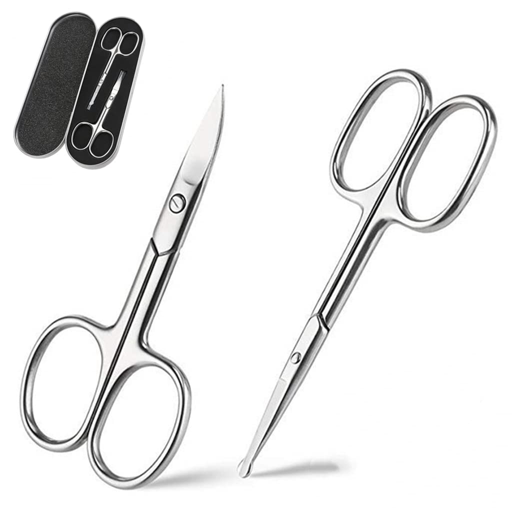 PALAY® Tijeras de Bello Facial Curvo y Redondeado para Hombres y Mujer, Tijeras para Cortar El Pelo de La Nariz, de La Barba, para Orejas, Nariz con La Tijera Chata Acero Inoxidable Profesional