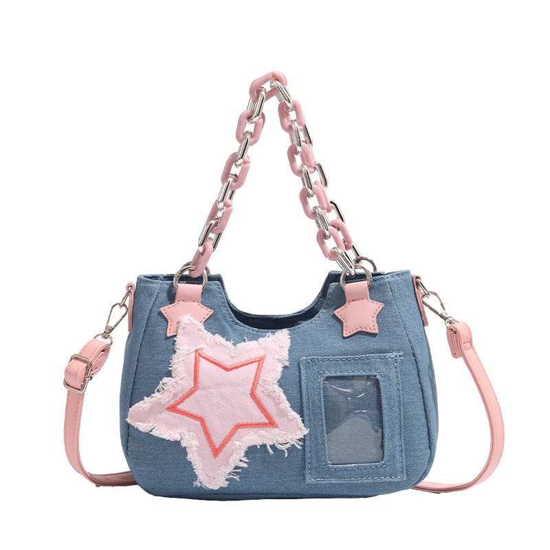 PALAY® Shoulder Bag for Women Y2K Star Patchwork Denim Crossbody Bag Messenger Handbag for Teen Girls