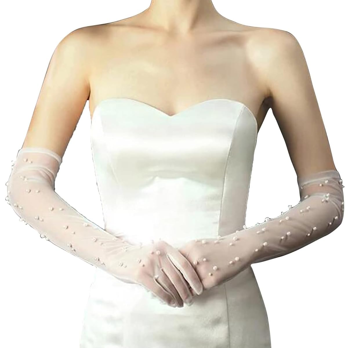 PALAY Wedding Gloves for Bride featuring Elbow Length Lace and Pearls in White Net | Elegant Bridal Accessory