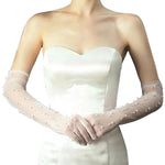 PALAY Wedding Gloves for Bride featuring Elbow Length Lace and Pearls in White Net | Elegant Bridal Accessory