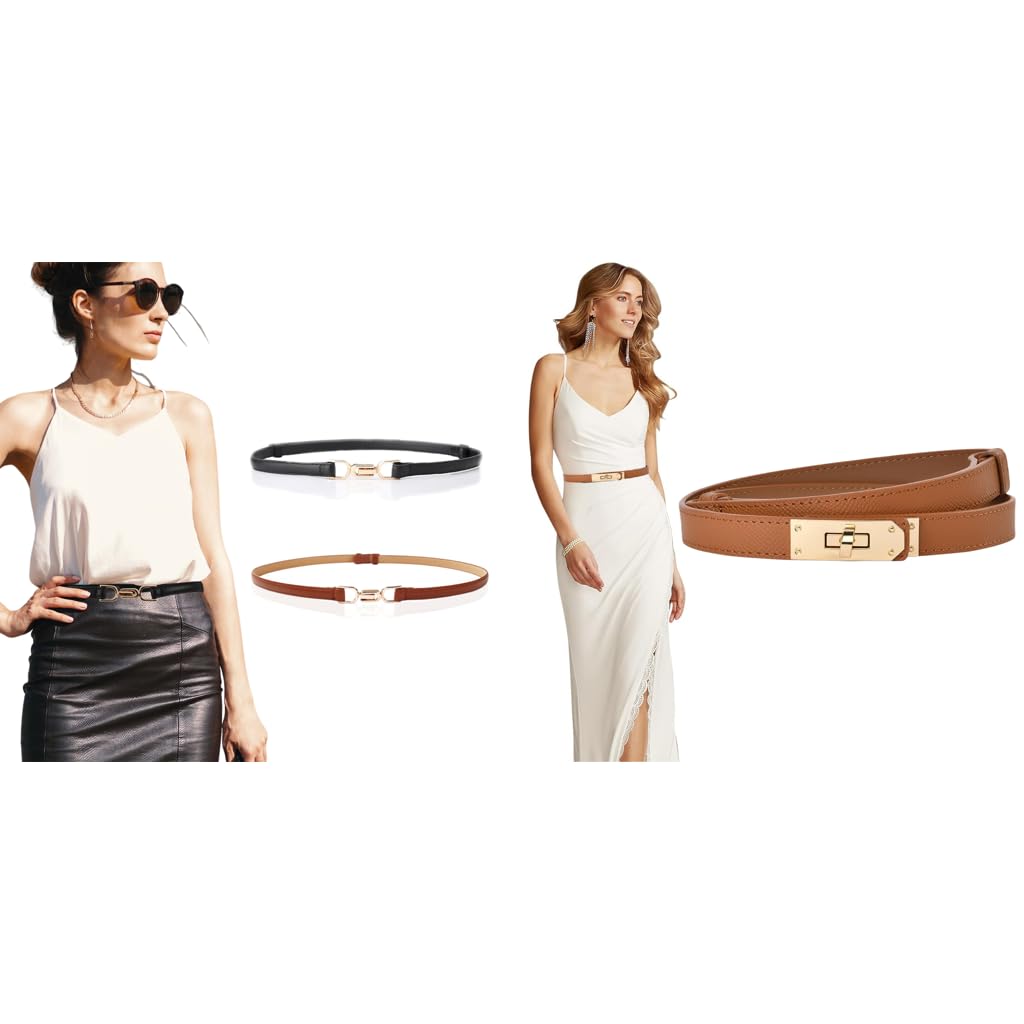 PALAY Women’s Slim Waist Belts for Dress and Shirt with Metal Buckle 96cm Set Black & Brown