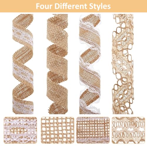 PALAY® 4 Rolls 13.12ft Jute Rope Burlap Ribbon Lace 32.8ft Hemp for Craft Gift Wrapping Event Wedding Decorations Packing Materials Natural Fabric Roll 2PCS