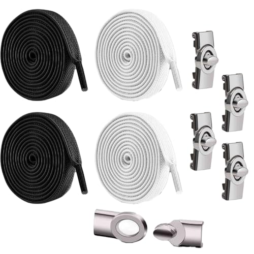 PALAY® 2Pair Lock Shoelaces Without Ties Flat Elastic Laces Sneakers Boots No Tie Shoelace Rubber Bands For Shoes Accessories(black+White)