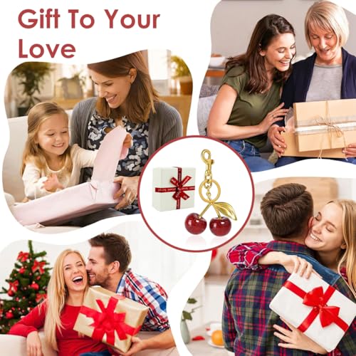 PALAY® Bag Charms Red Cherry Keychain with Gift Box Sweetly Gold Metal Keyring Glittering Cherry Pendant Bag Charm for Handbags Cute Key Chain for Girls Women