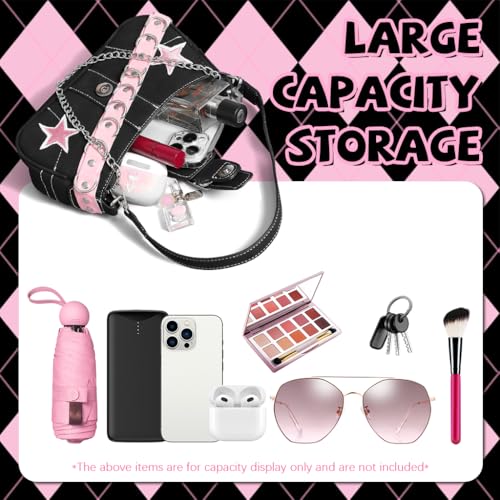 PALAY® Chic Shoulder Bag for Girls Canvas Handbag with Chain Charm Small Hobo Stylish Sweet Y2K Star Patchwork Letter Printed Casual Zipper 23x7x13cm 3PCS