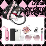 PALAY® Chic Shoulder Bag for Girls Canvas Handbag with Chain Charm Small Hobo Stylish Sweet Y2K Star Patchwork Letter Printed Casual Zipper 23x7x13cm 3PCS