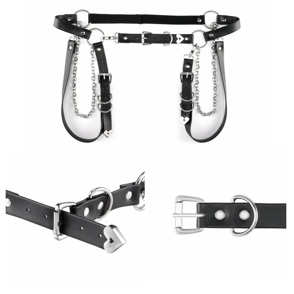 PALAY Goth Punk Chain Belt for Skirts and Jeans with Metal Rings and Heart Pendant | Black Faux Leather 97 cm Adjustable Style