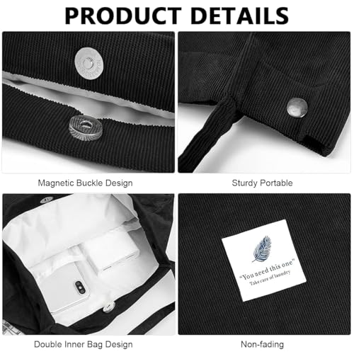 PALAY® Tote Bag Corduroy Grocery Large Hand For Women Shopping Shoulder Commuting Black 3PCS