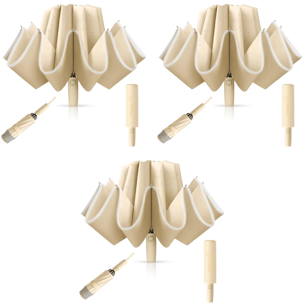 PALAY Umbrella for Rain with 10 Dual Ribs and Auto Open Close | Compact Khaki 3PCS