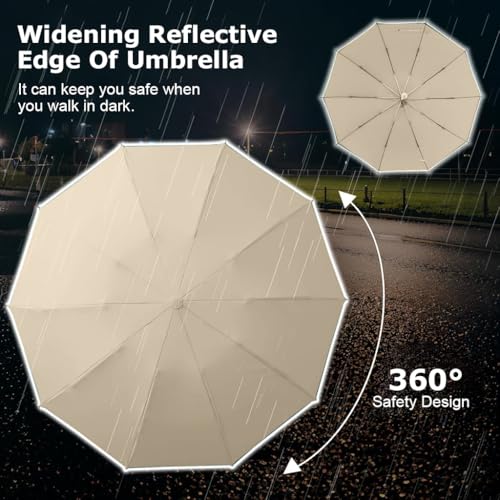 PALAY® 3 Fold Umbrella for Rain with Reflective Strip Compact Travel Auto One-Touch Open Close Reinforced 10 Dual Ribs Sun Protection 99% UV Windproof Men Women Khaki 3PCS