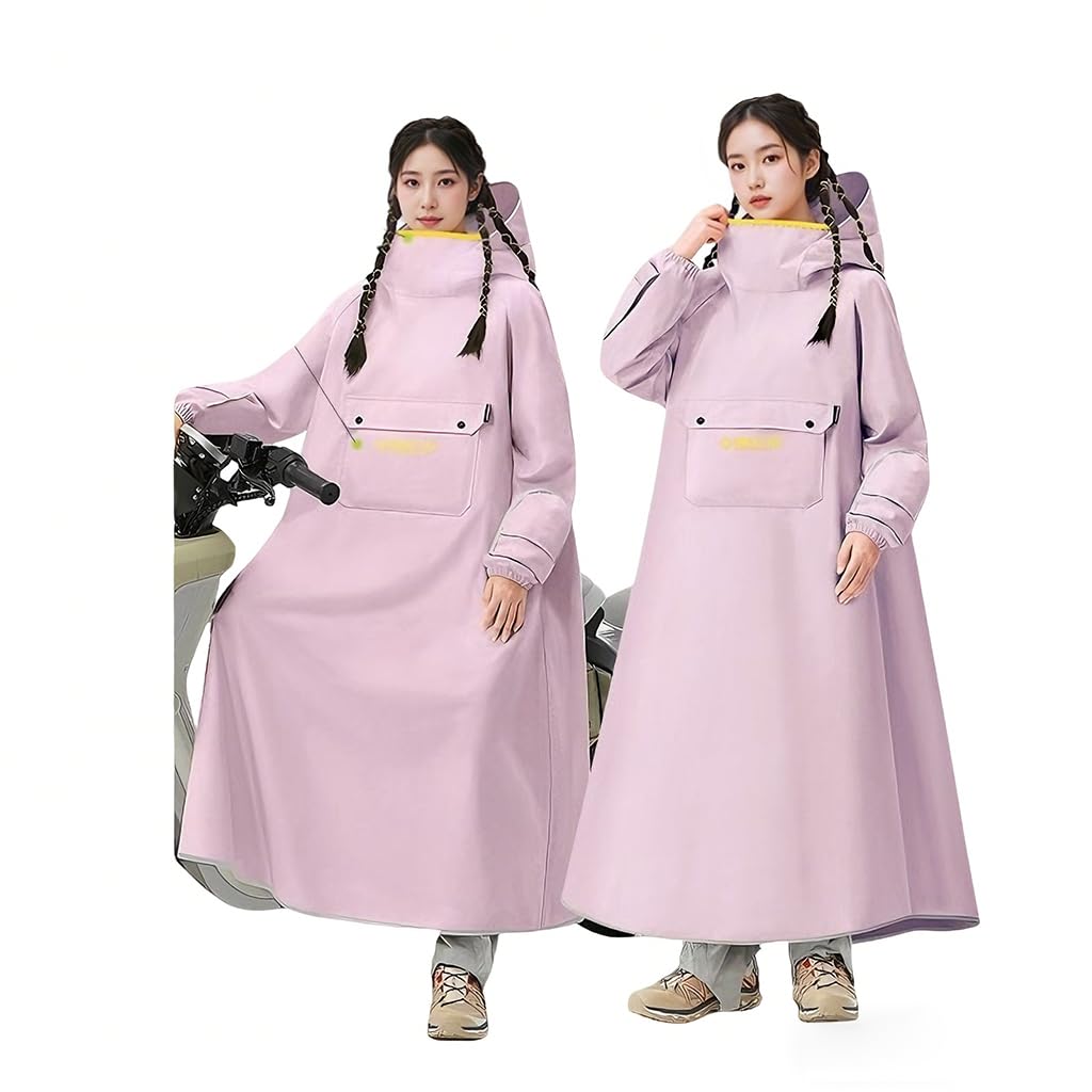 PALAY® High Collar Motorcycle Raincoat with Hood, Folding Hand Guard Flaps, PVC Full-Cover Riding Poncho with Front Pocket, Adult Women Raincoat for E-Bike, Scooter & Outdoor Riding, L, Purple
