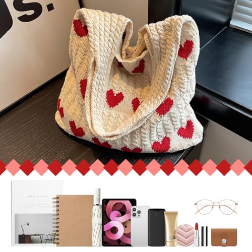 PALAY® Premium Knitted Heart Pattern Tote Bag Large Soft & Spacious Hippie Beach Bag for Women, Ideal for Work, School, and Casual Outings