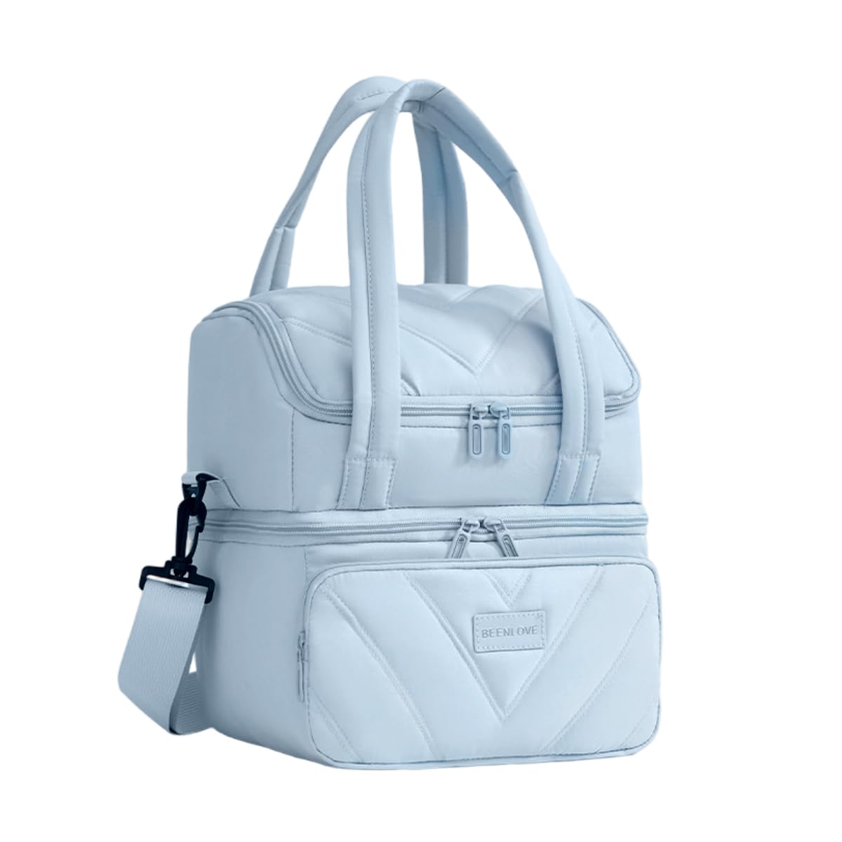 PALAY® Lunch Bag for Office Blue Insulated Quilted Tiffin Bag Double Deck Leakproof Tiffin Tote with Removable Strap Multi Compartment Lunch Cooler for Work, Picnic, Meal, Travel, Beach