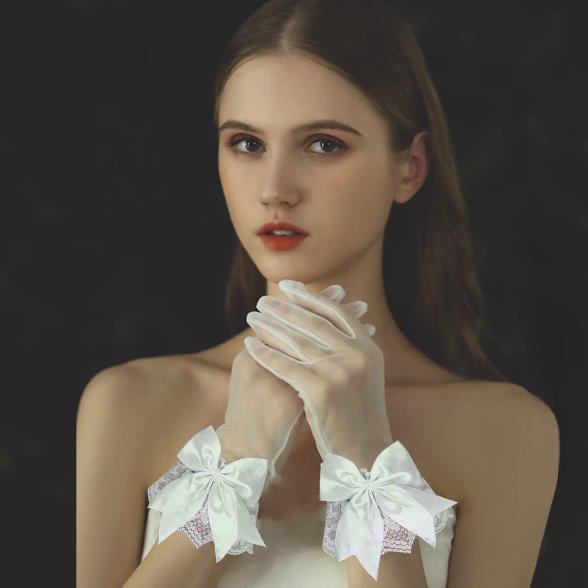 PALAY Lace Gloves for Weddings and Parties featuring Butterfly Bow in White 25×8 cm | Elegant Bridal Accessory