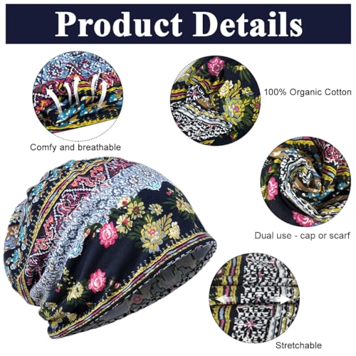 PALAY® Beanie Cap for Women Floral Print Chemo Slouchy Hijab Turban Fashion Hip-Hop Skull Dwarf Hat Boho Soft Running Head Scarf for Teen Girls All Season Use 2 PCS Blue